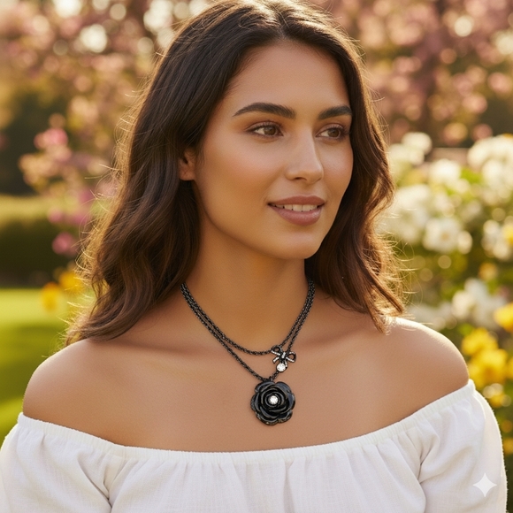 Betsey Johnson Black Rose Pendant Necklace - Picture 1 of 5